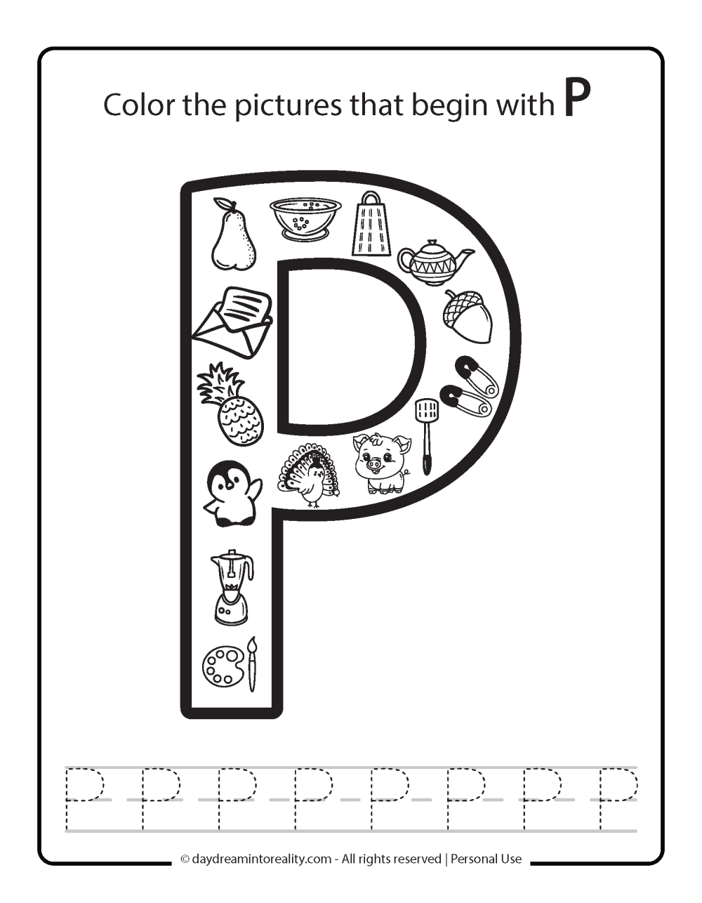 Color the picture that starts with the letter "P (uppercase)" Beginning Alphabet Sounds Worksheet Free Printable