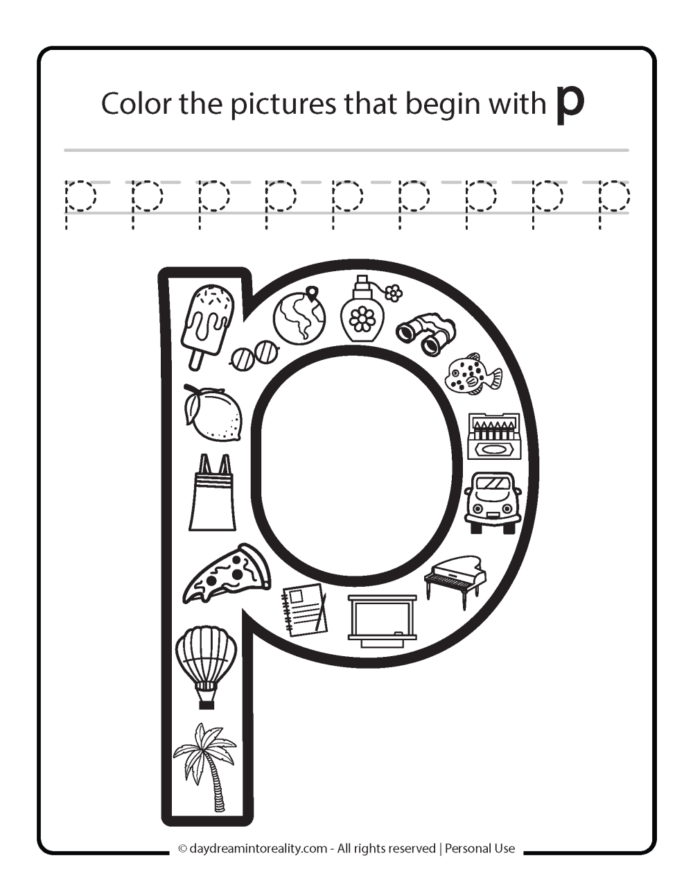 Color the picture that starts with the letter "p (lowercase)" Beginning Alphabet Sounds Worksheet Free Printable