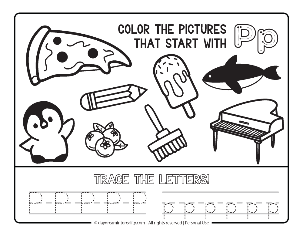 Color the picture that starts with the letter "p" Beginning Alphabet Sounds Worksheet Free Printable