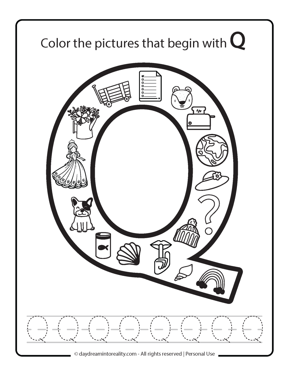 Color the picture that starts with the letter "Q (uppercase)" Beginning Alphabet Sounds Worksheet Free Printable