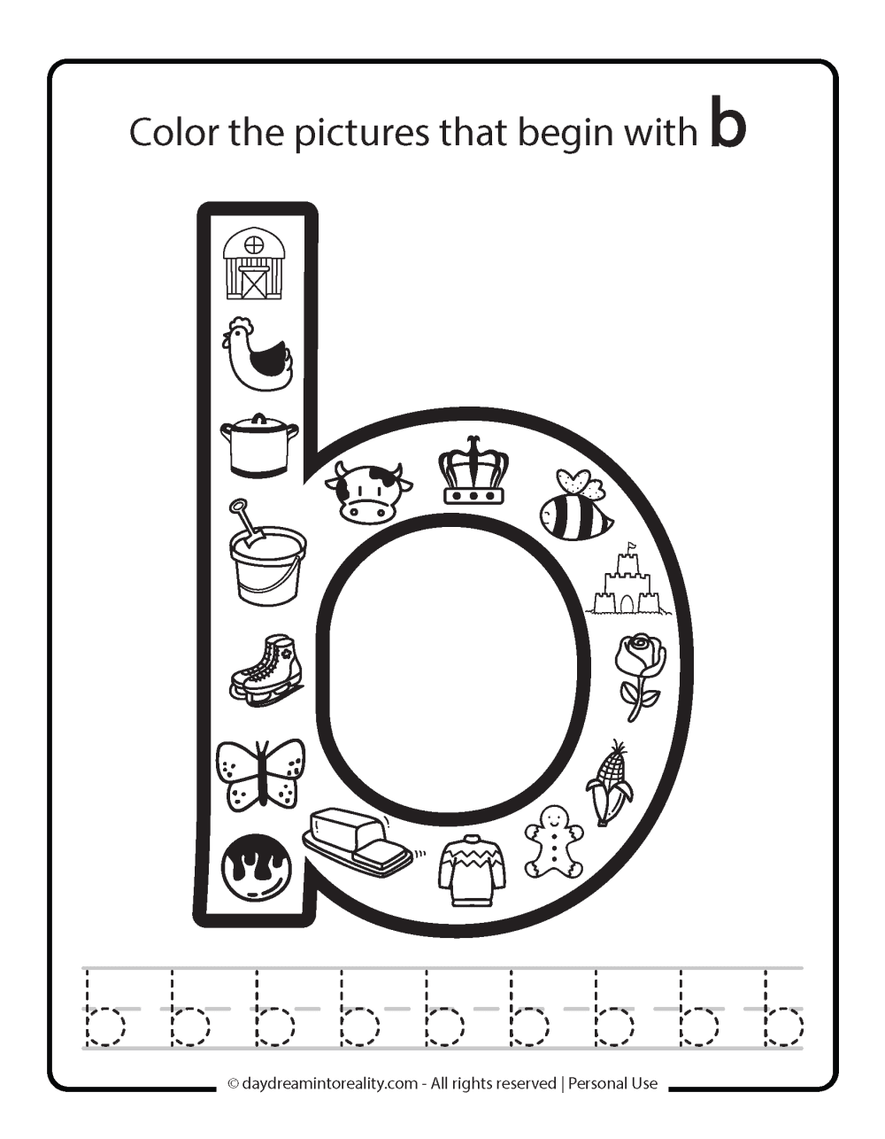 Color the picture that starts with the letter "b (lowecase)" Beginning Alphabet Sounds Worksheet Free Printable