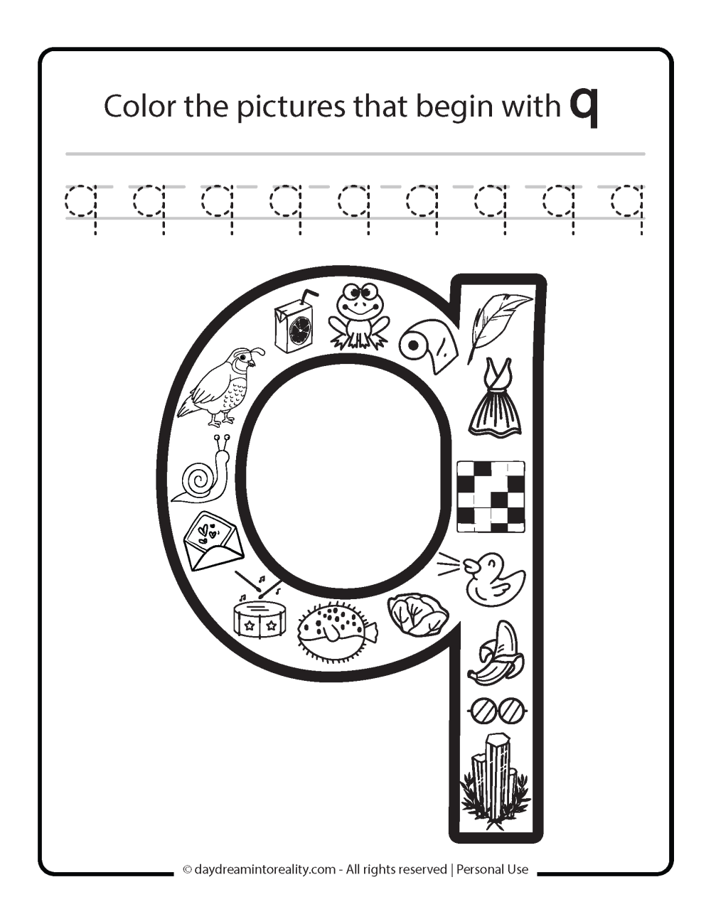 Color the picture that starts with the letter "q (lowercase)" Beginning Alphabet Sounds Worksheet Free Printable