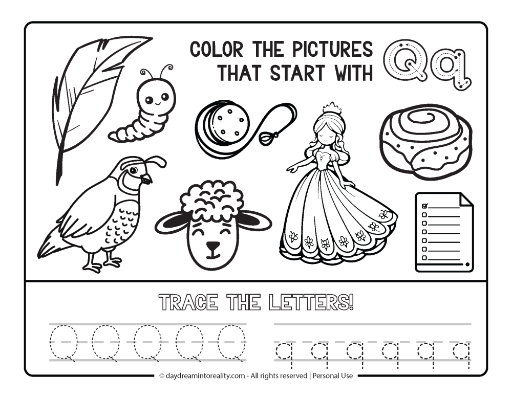 Color the picture that starts with the letter "q" Beginning Alphabet Sounds Worksheet Free Printable