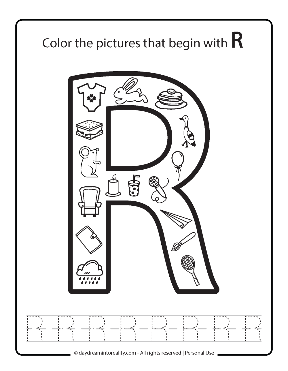 Color the picture that starts with the letter "R (uppercase)" Beginning Alphabet Sounds Worksheet Free Printable