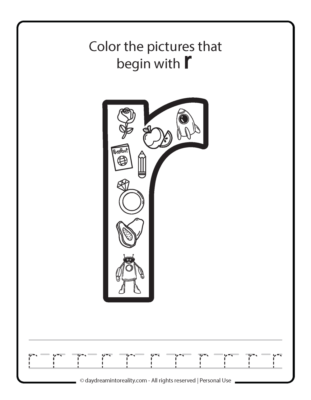 Color the picture that starts with the letter "r (lowercase)" Beginning Alphabet Sounds Worksheet Free Printable