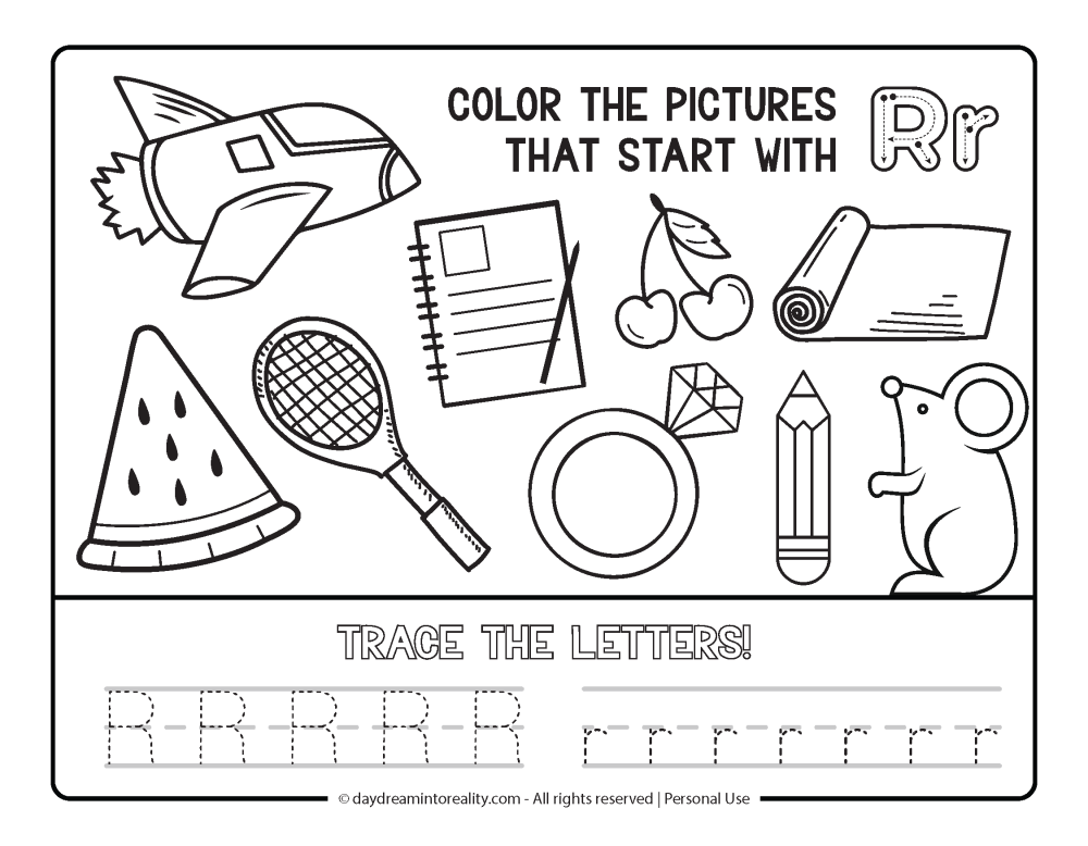 Color the picture that starts with the letter "r" Beginning Alphabet Sounds Worksheet Free Printable