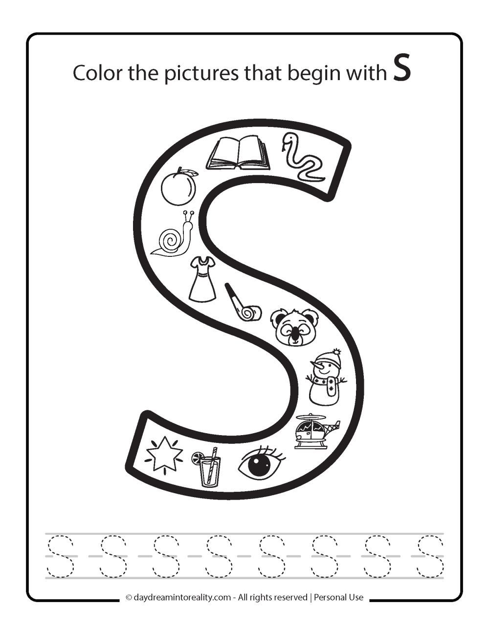 Color the picture that starts with the letter "S (uppercase)" Beginning Alphabet Sounds Worksheet Free Printable