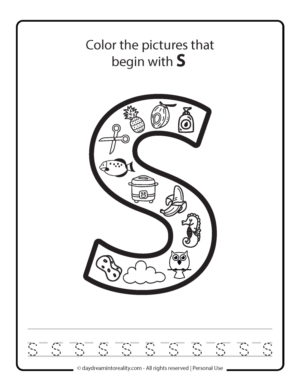 Color the picture that starts with the letter "s (lowercase)" Beginning Alphabet Sounds Worksheet Free Printable