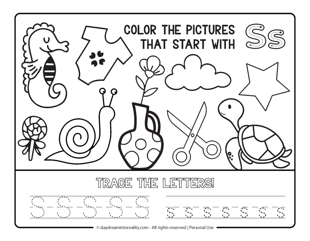 Color the picture that starts with the letter "s" Beginning Alphabet Sounds Worksheet Free Printable