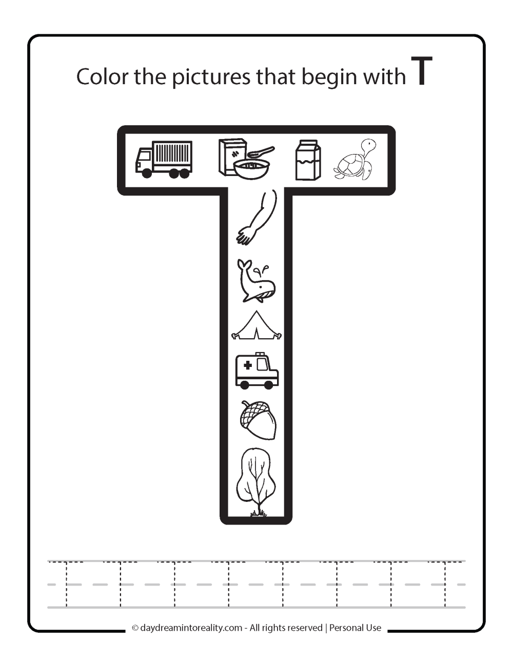 Color the picture that starts with the letter "T (uppercase)" Beginning Alphabet Sounds Worksheet Free Printable