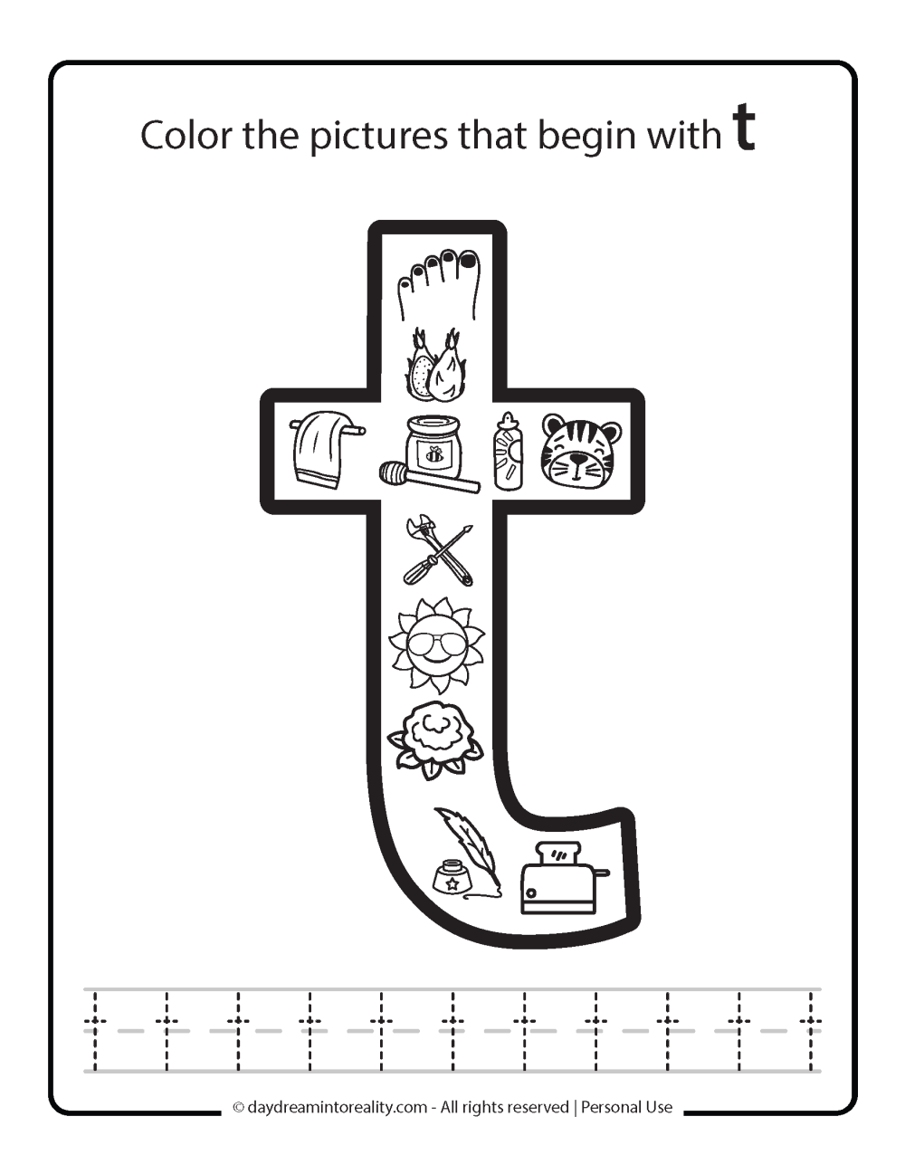 Color the picture that starts with the letter "t (lowercase)" Beginning Alphabet Sounds Worksheet Free Printable