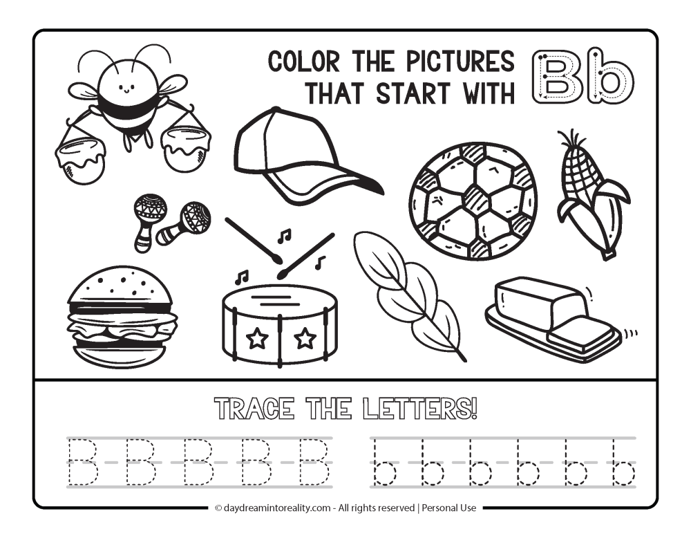 Color the picture that starts with the letter "B" Beginning Alphabet Sounds Worksheet Free Printable