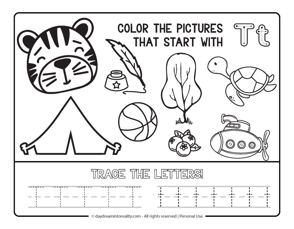 Color the picture that starts with the letter "T" Beginning Alphabet Sounds Worksheet Free Printable