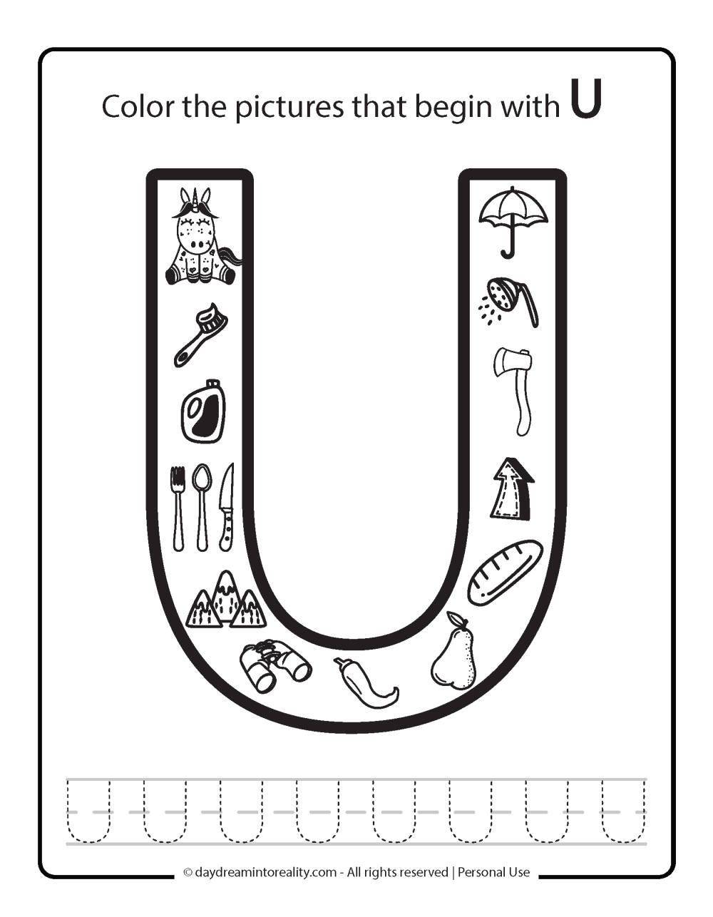 Color the picture that starts with the letter "U (uppercase)" Beginning Alphabet Sounds Worksheet Free Printable