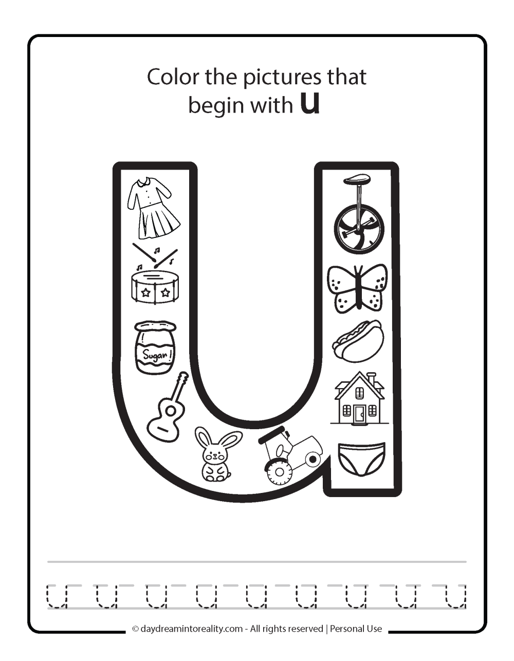 Color the picture that starts with the letter "u (lowercase)" Beginning Alphabet Sounds Worksheet Free Printable