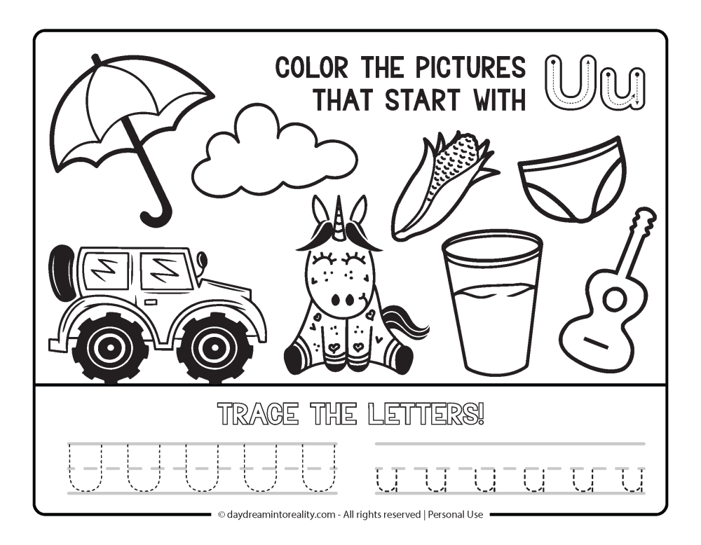 Color the picture that starts with the letter "u" Beginning Alphabet Sounds Worksheet Free Printable