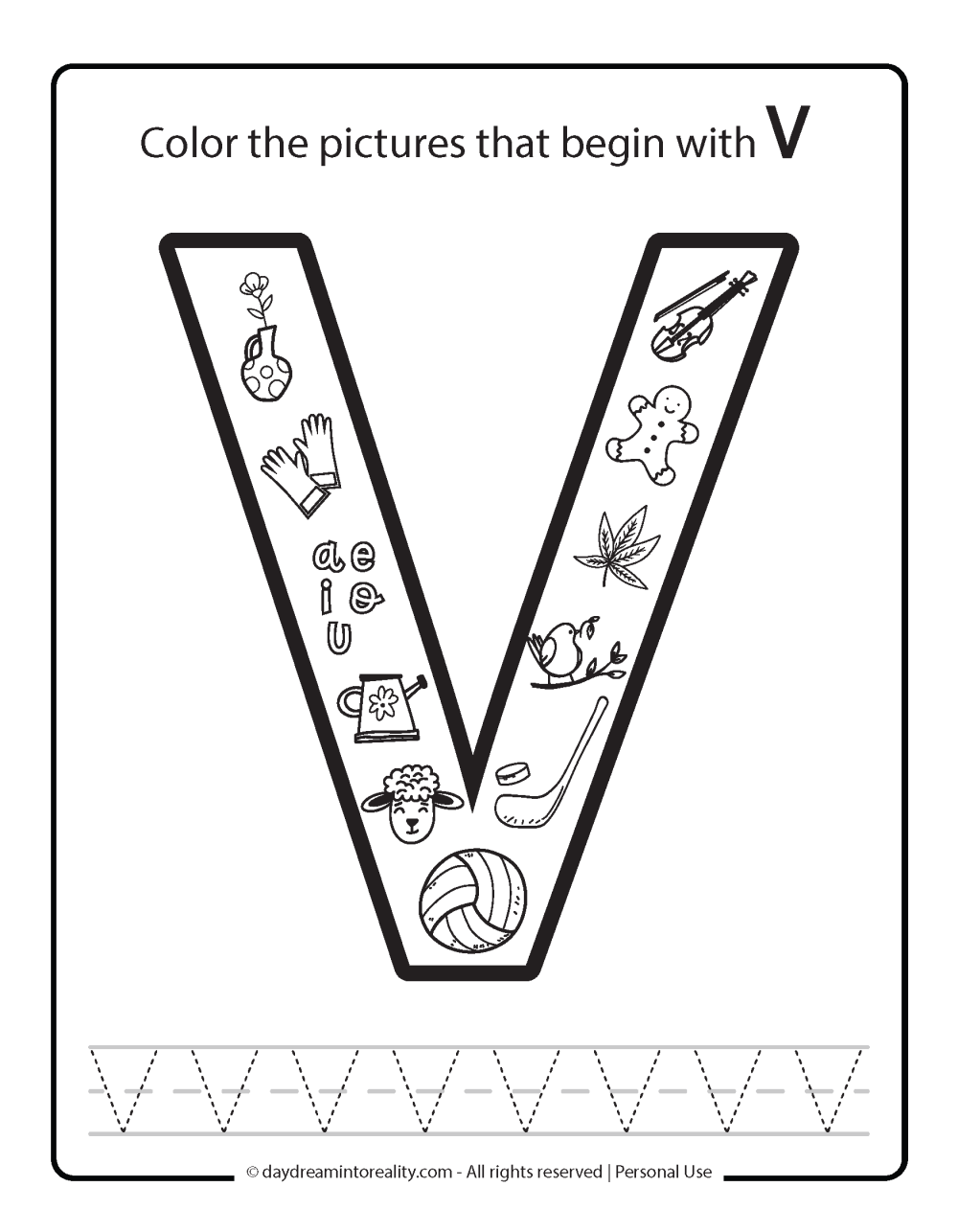 Color the picture that starts with the letter "V (uppercase)" Beginning Alphabet Sounds Worksheet Free Printable