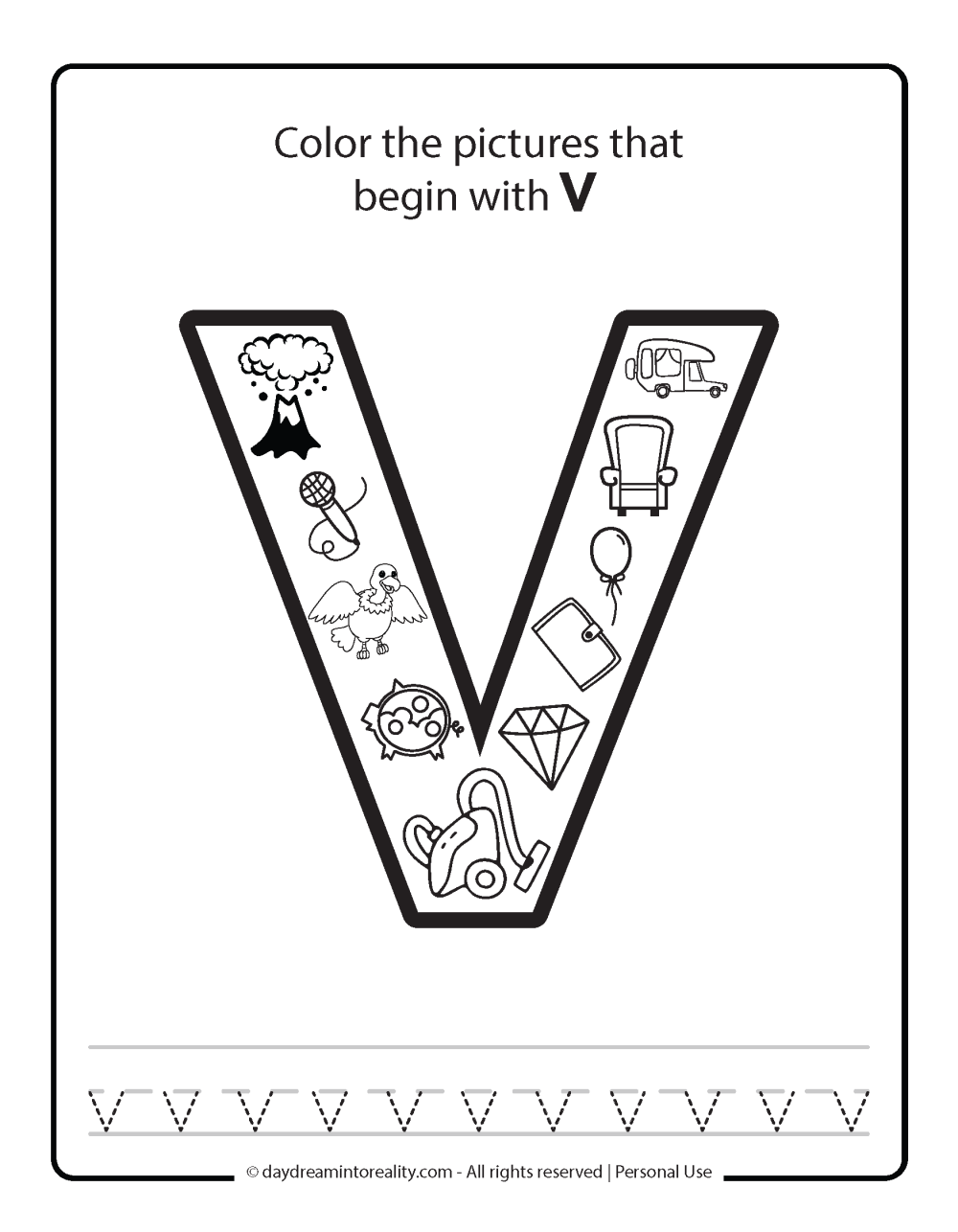 Color the picture that starts with the letter "v (lowercase)" Beginning Alphabet Sounds Worksheet Free Printable