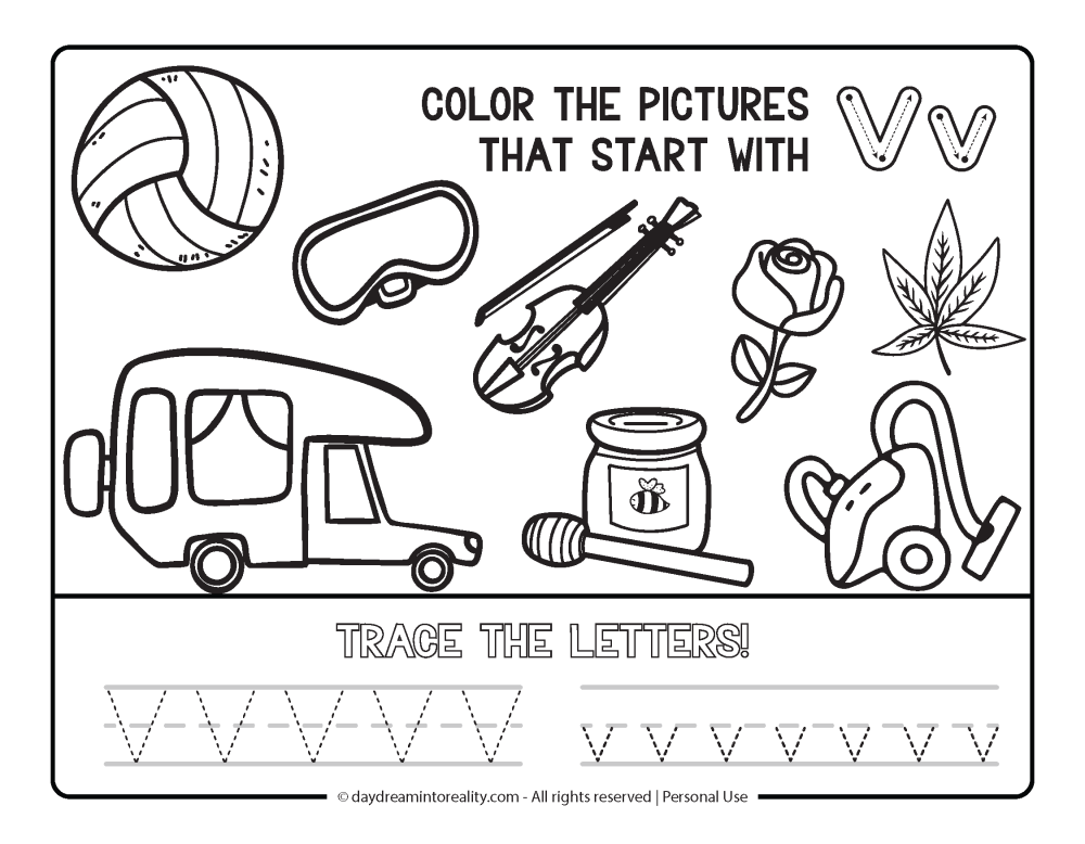 Color the picture that starts with the letter "V" Beginning Alphabet Sounds Worksheet Free Printable