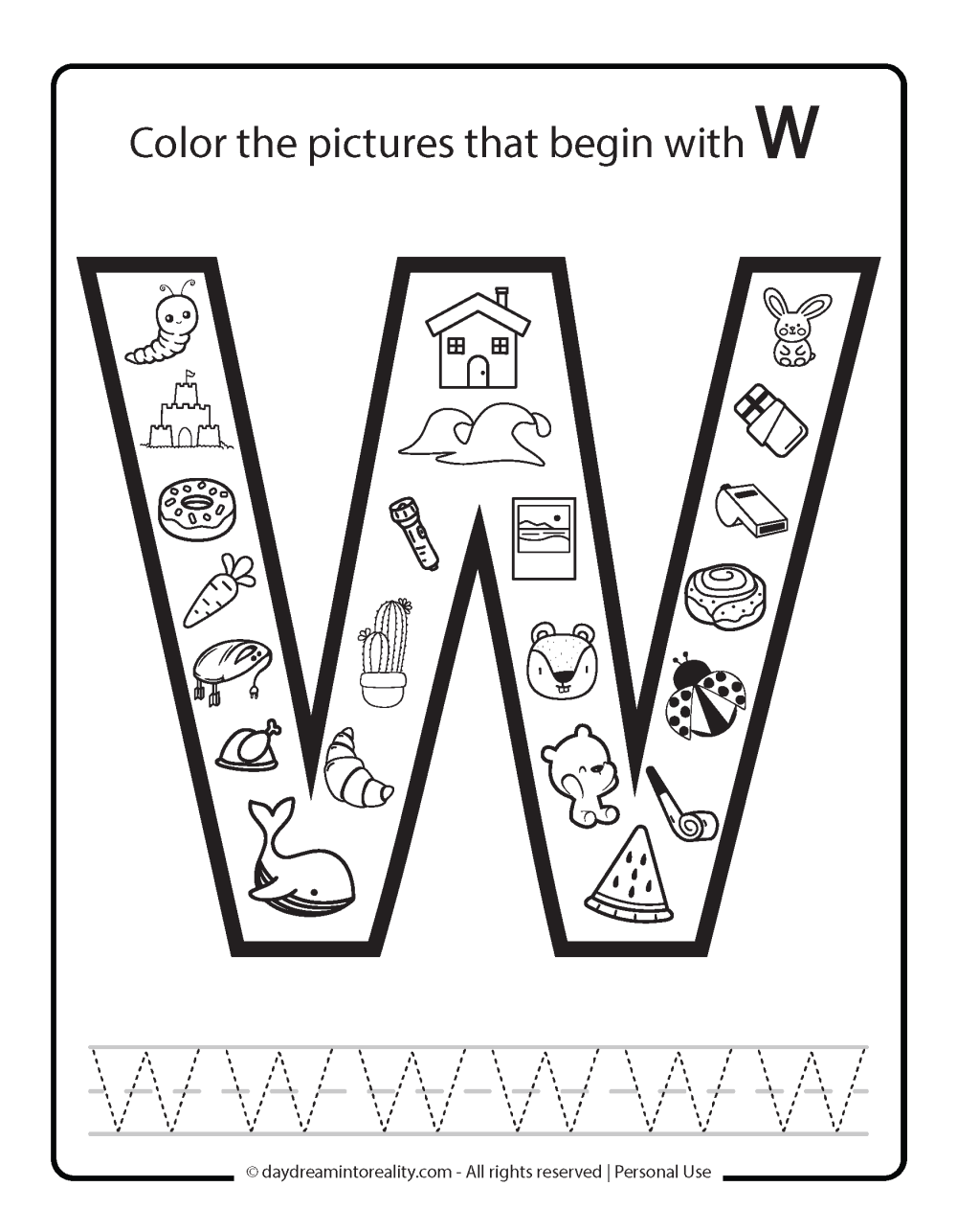 Color the picture that starts with the letter "W (uppercase)" Beginning Alphabet Sounds Worksheet Free Printable