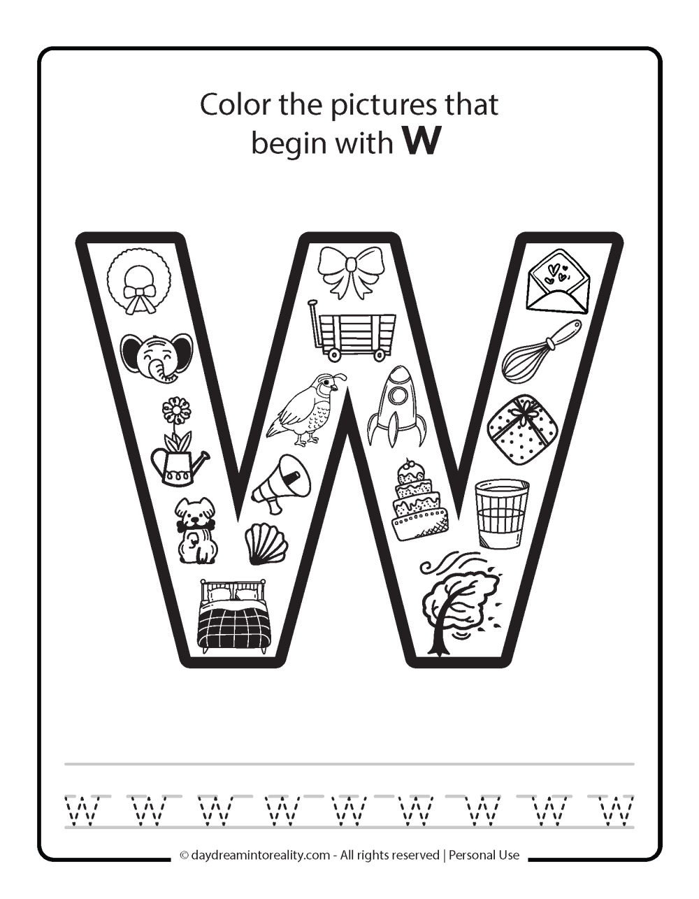 Color the picture that starts with the letter "w (lowercase)" Beginning Alphabet Sounds Worksheet Free Printable