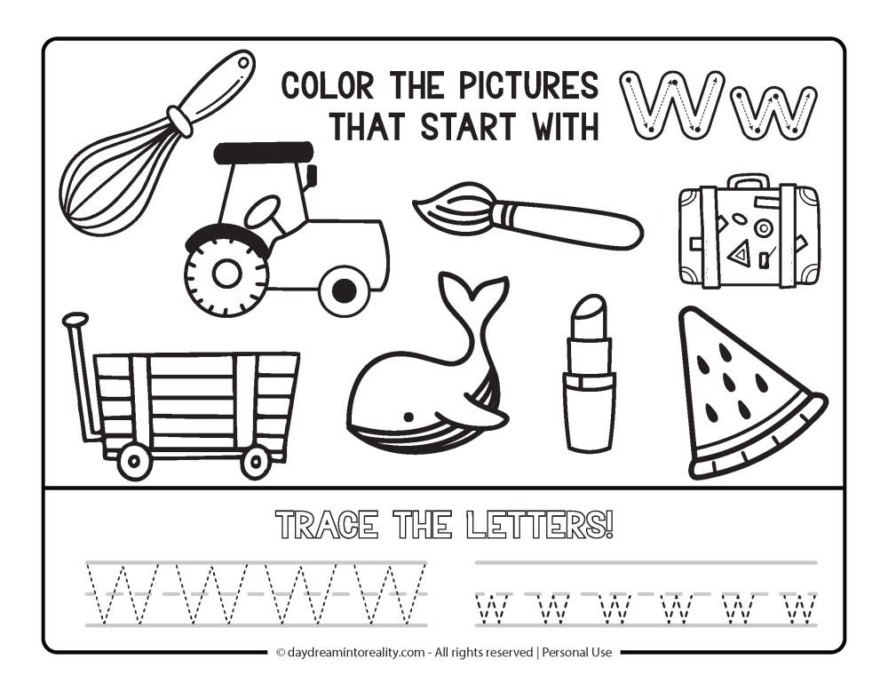 Color the picture that starts with the letter "w" Beginning Alphabet Sounds Worksheet Free Printable