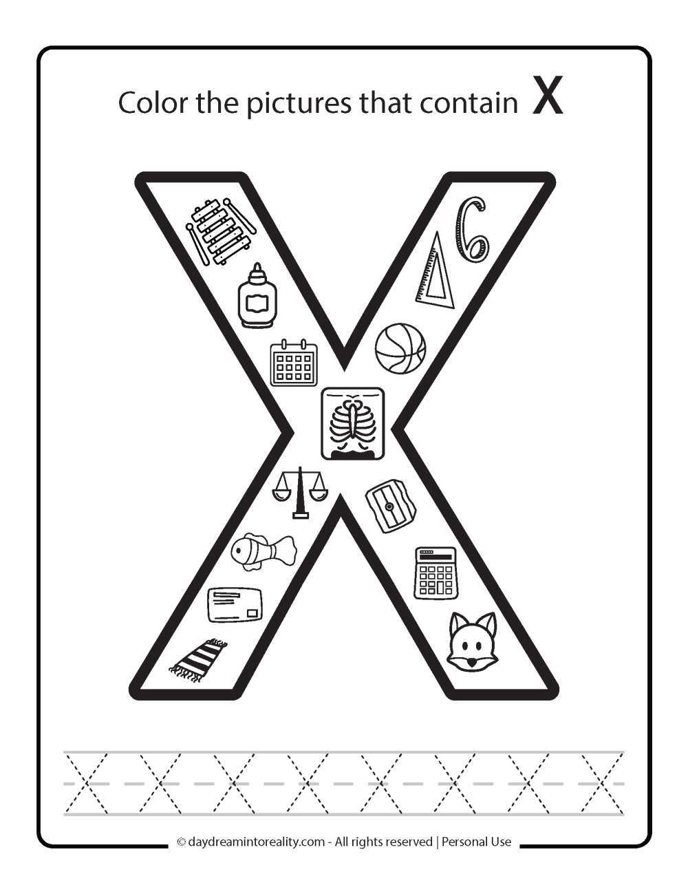 Color the picture that starts with the letter "X (uppercase)" Beginning Alphabet Sounds Worksheet Free Printable