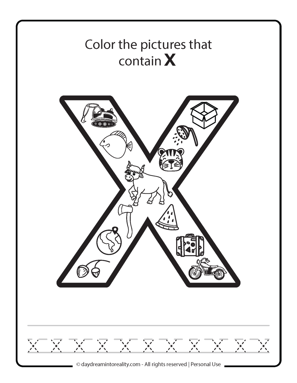 Color the picture that starts with the letter "x (lowercase)" Beginning Alphabet Sounds Worksheet Free Printable