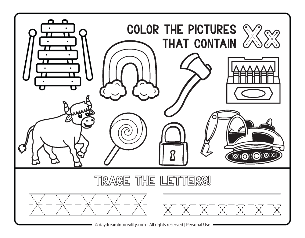 Color the picture that starts with the letter "x" Beginning Alphabet Sounds Worksheet Free Printable