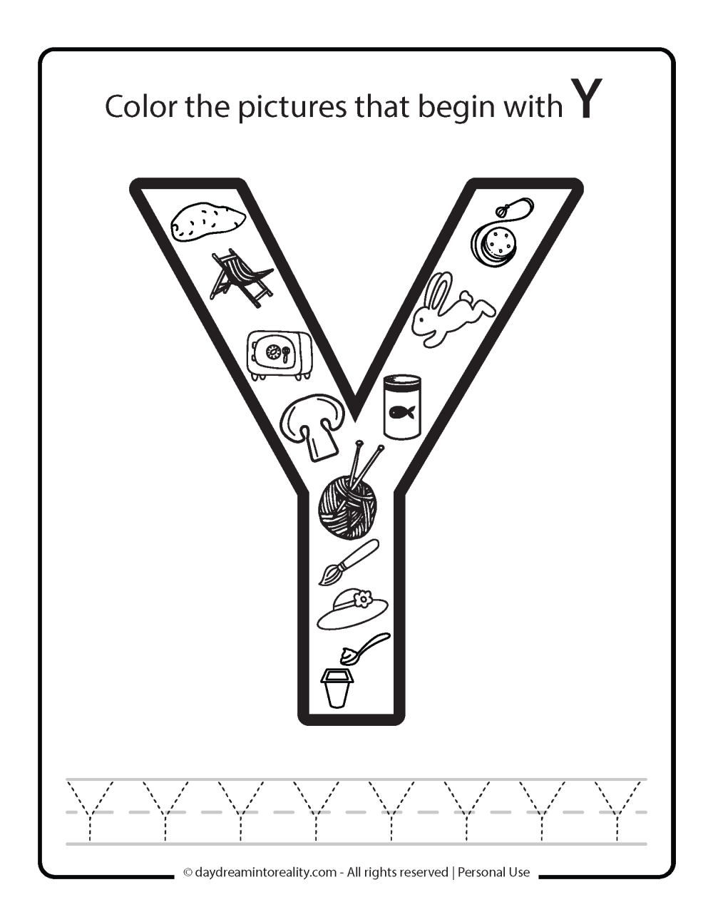 Color the picture that starts with the letter "Y (uppercase)" Beginning Alphabet Sounds Worksheet Free Printable