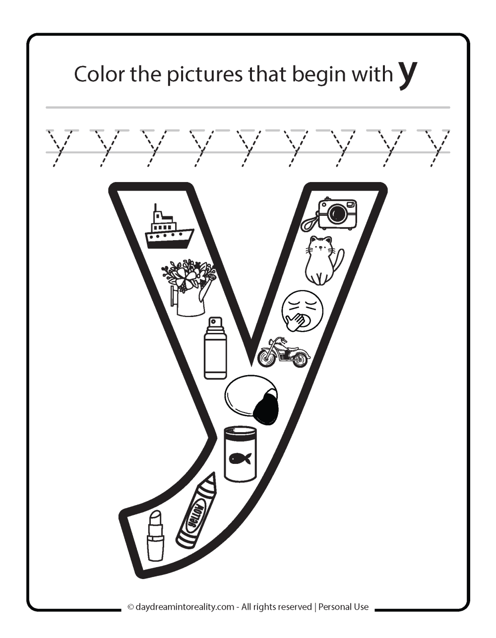 Color the picture that starts with the letter "y (lowercase)" Beginning Alphabet Sounds Worksheet Free Printable