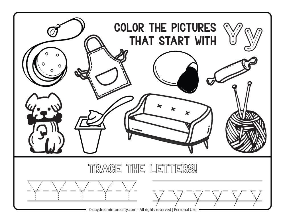 Color the picture that starts with the letter "y" Beginning Alphabet Sounds Worksheet Free Printable