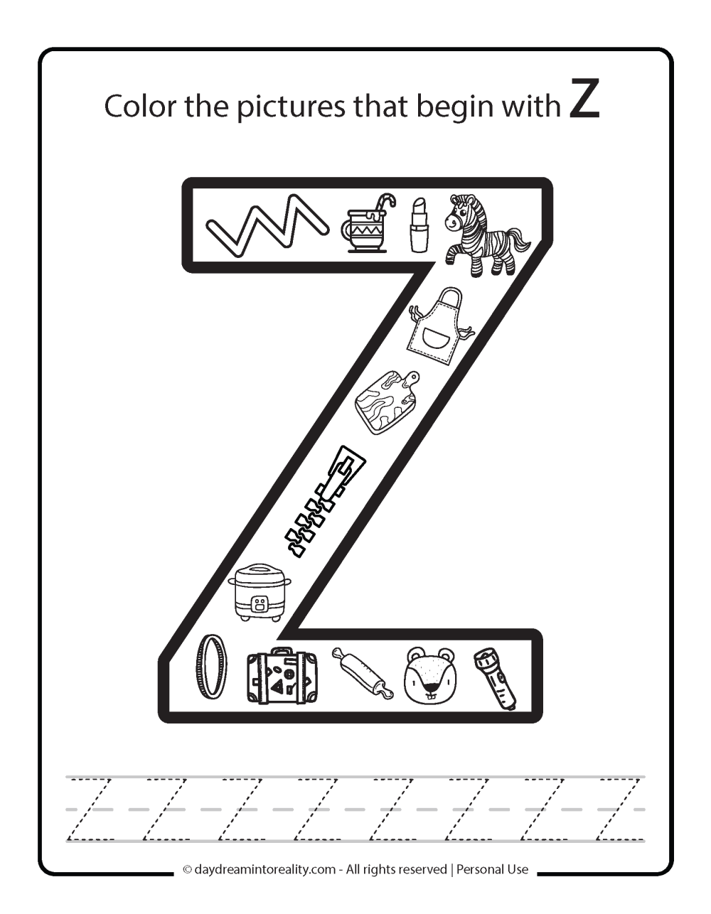 Color the picture that starts with the letter "Z {uppercase}" Beginning Alphabet Sounds Worksheet Free Printable