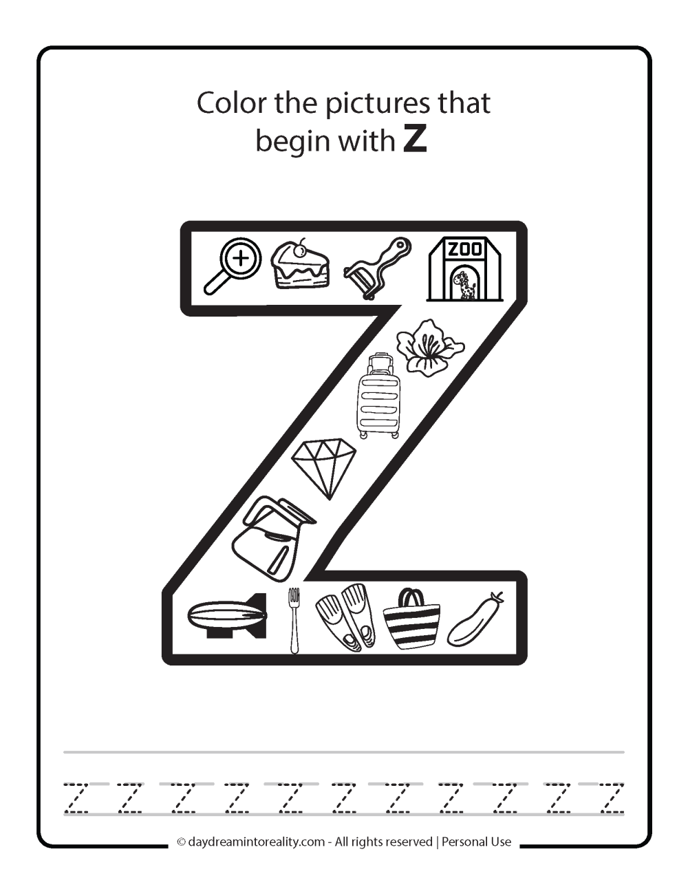 Color the picture that starts with the letter "z (lowercase)" Beginning Alphabet Sounds Worksheet Free Printable