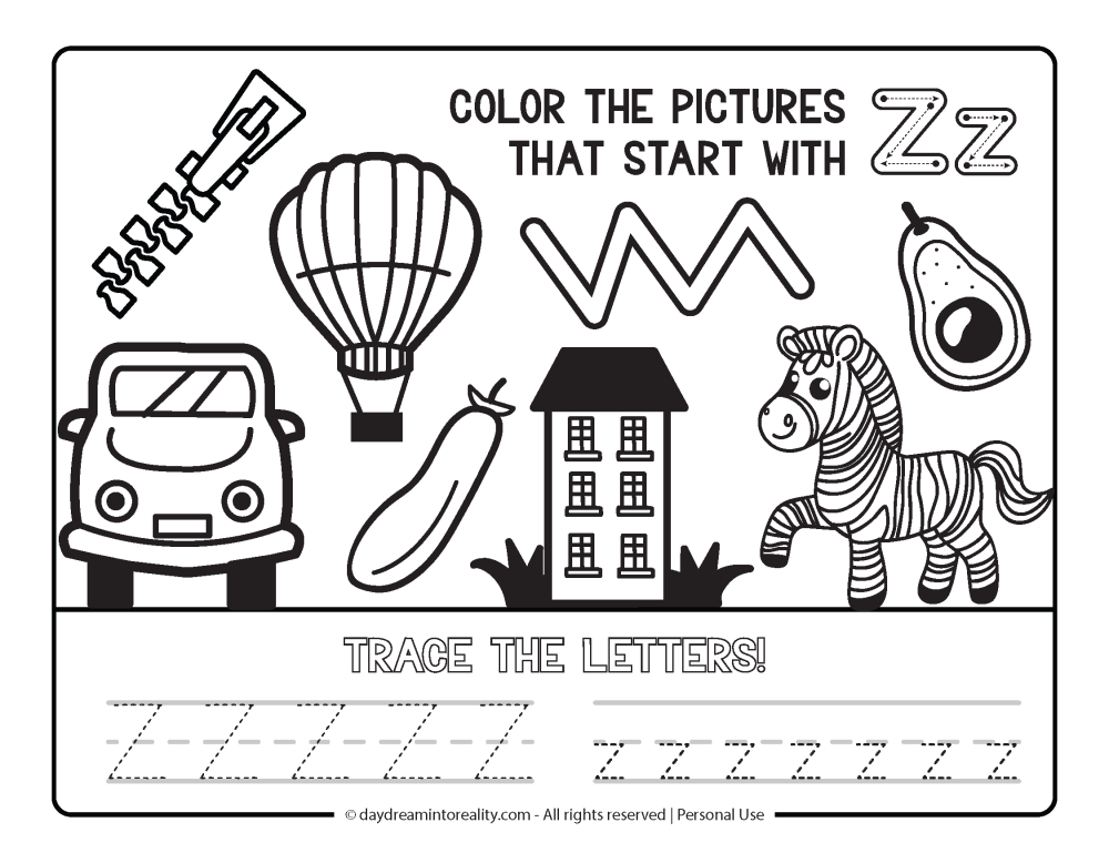 Color the picture that starts with the letter "z" Beginning Alphabet Sounds Worksheet Free Printable