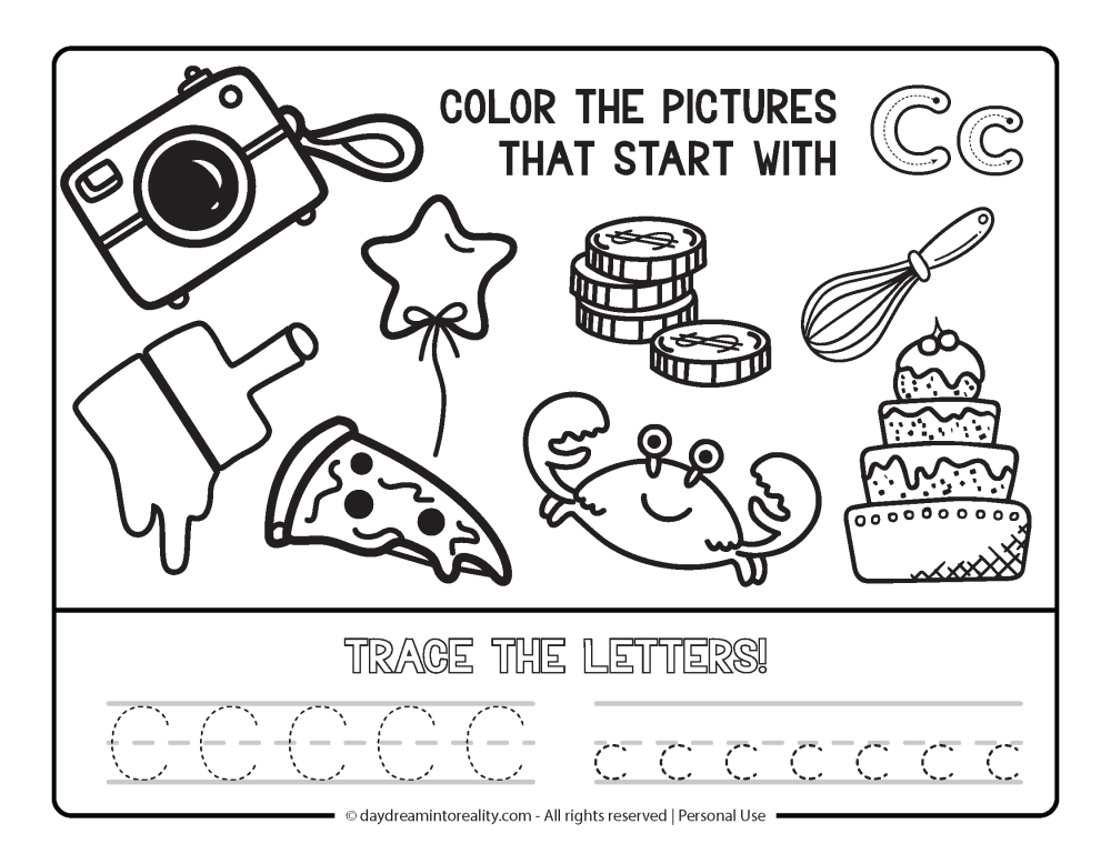 Color the picture that starts with the letter "c" Beginning Alphabet Sounds Worksheet Free Printable