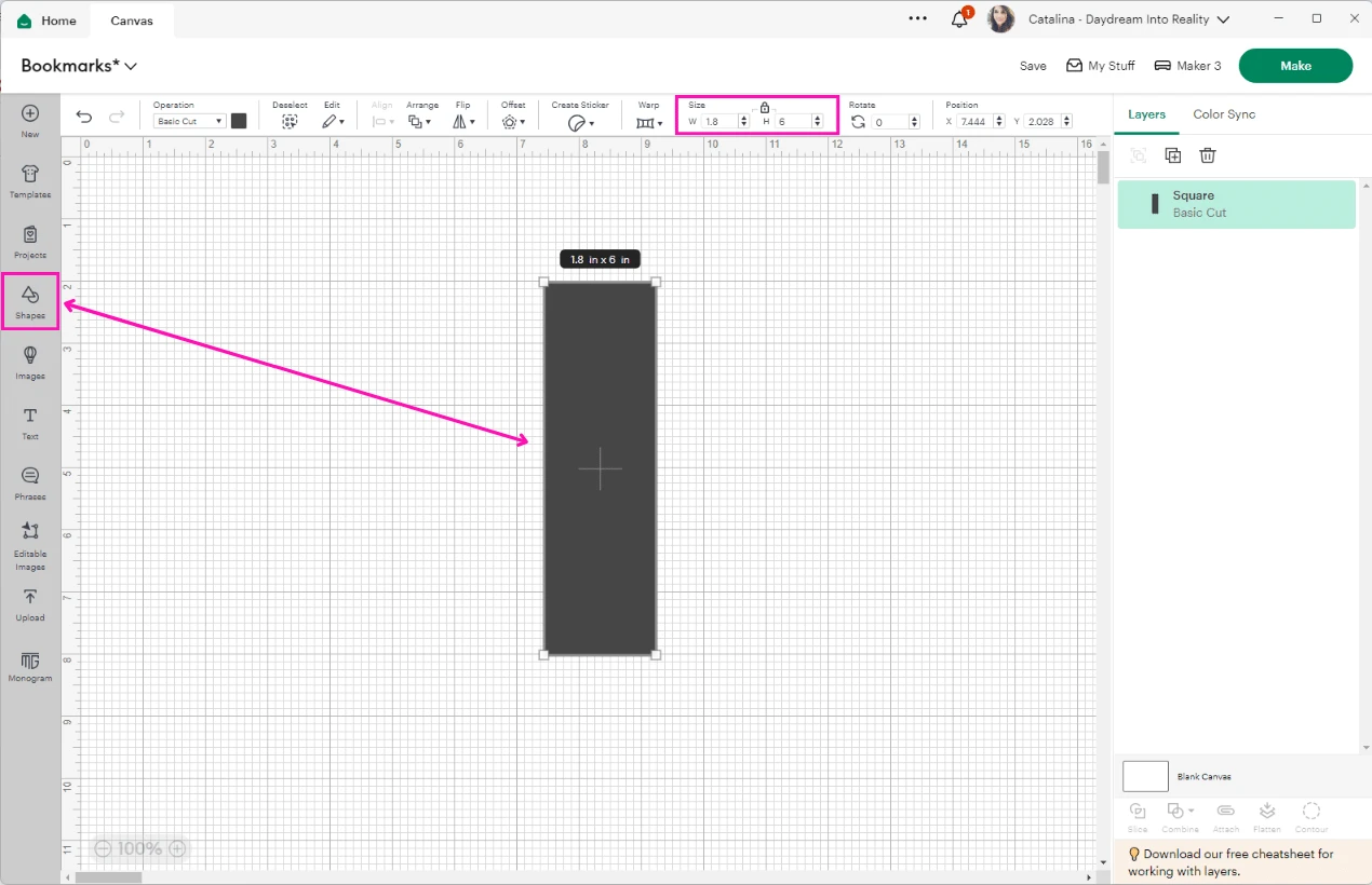 bookmark initial template in Cricut Design Space