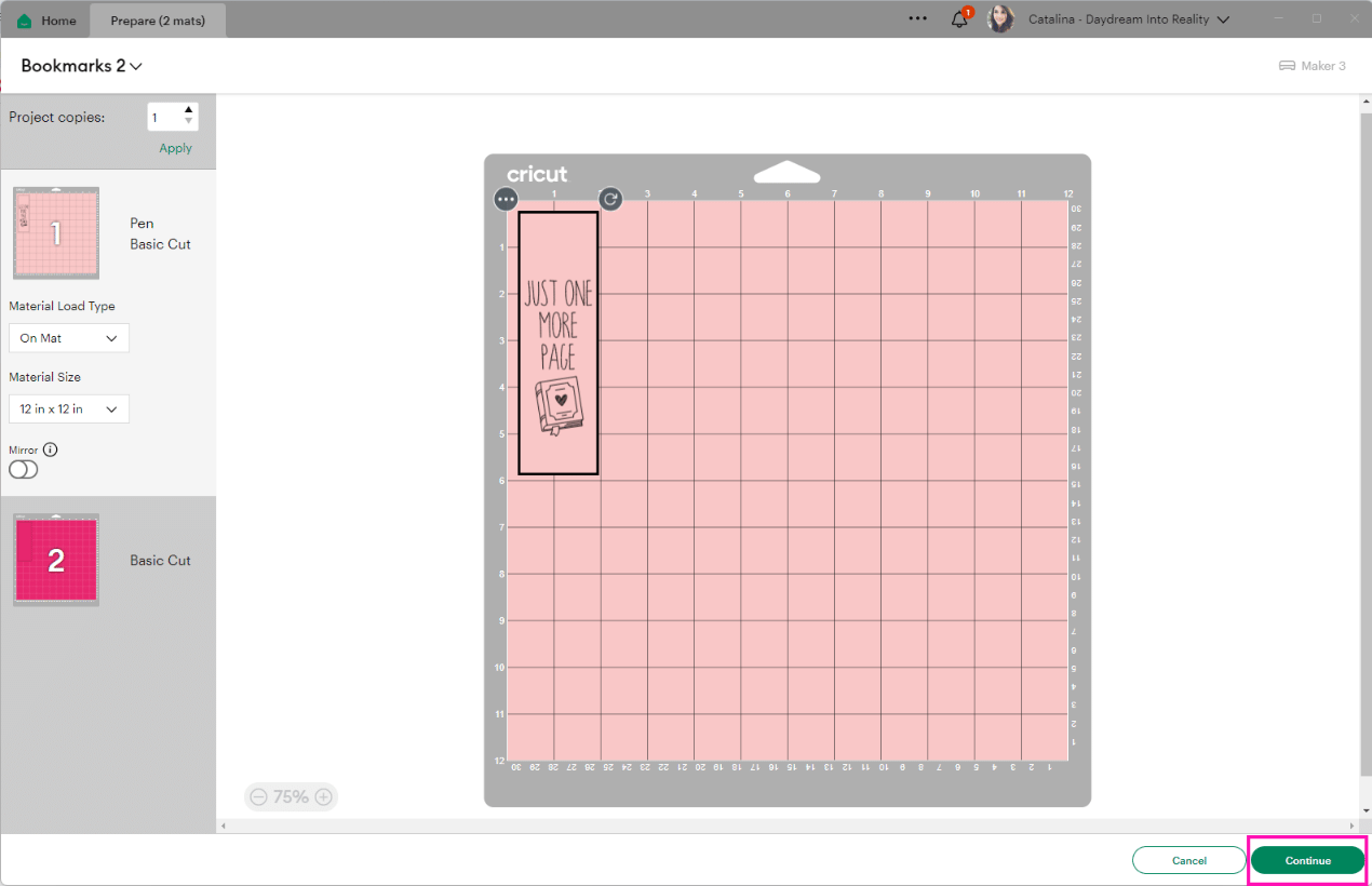 bookmark cutting preview window in Cricut Design Space