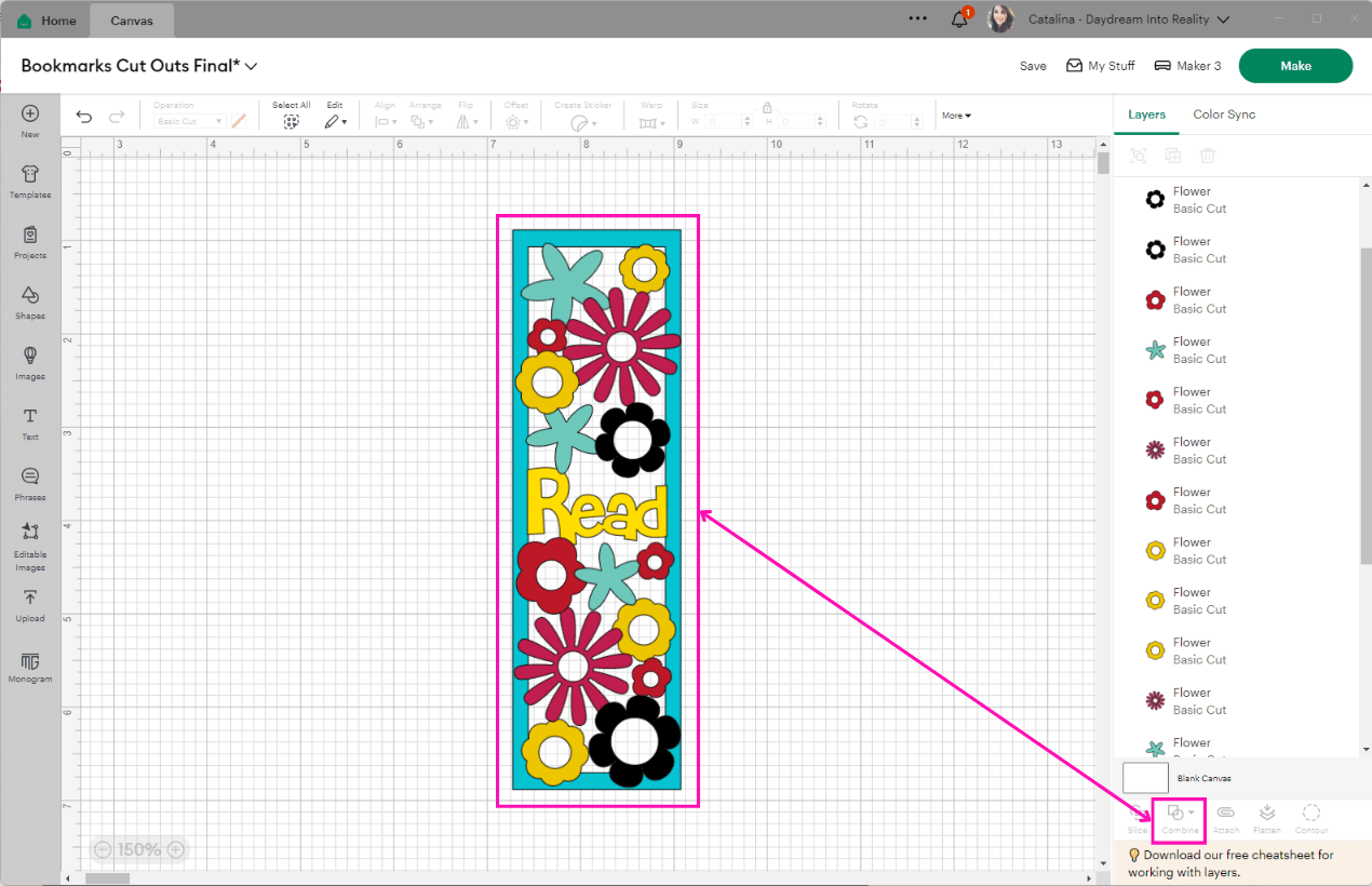 Welding cut-out bookmark in Cricut Design Space