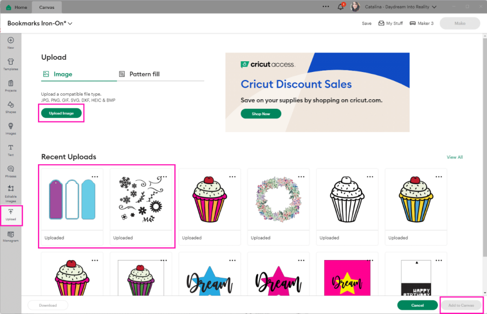 Uploading bookmark templates to Cricut Design Space