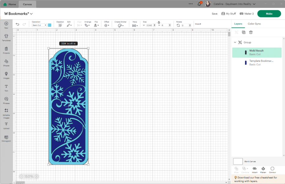 Winter bookmark in Cricut Design Space