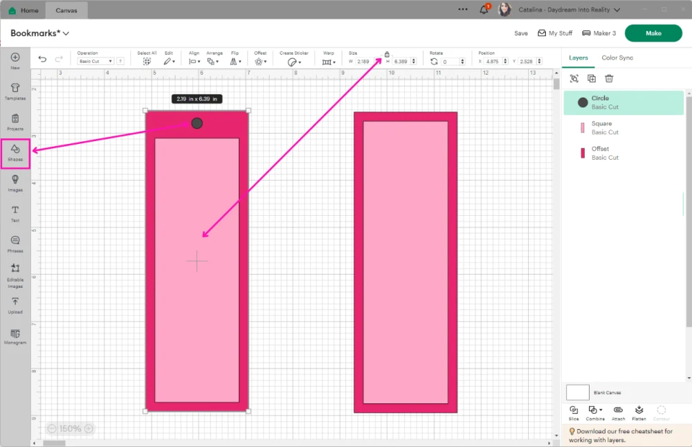 slicing hole on bookmark in Cricut Design Space 1