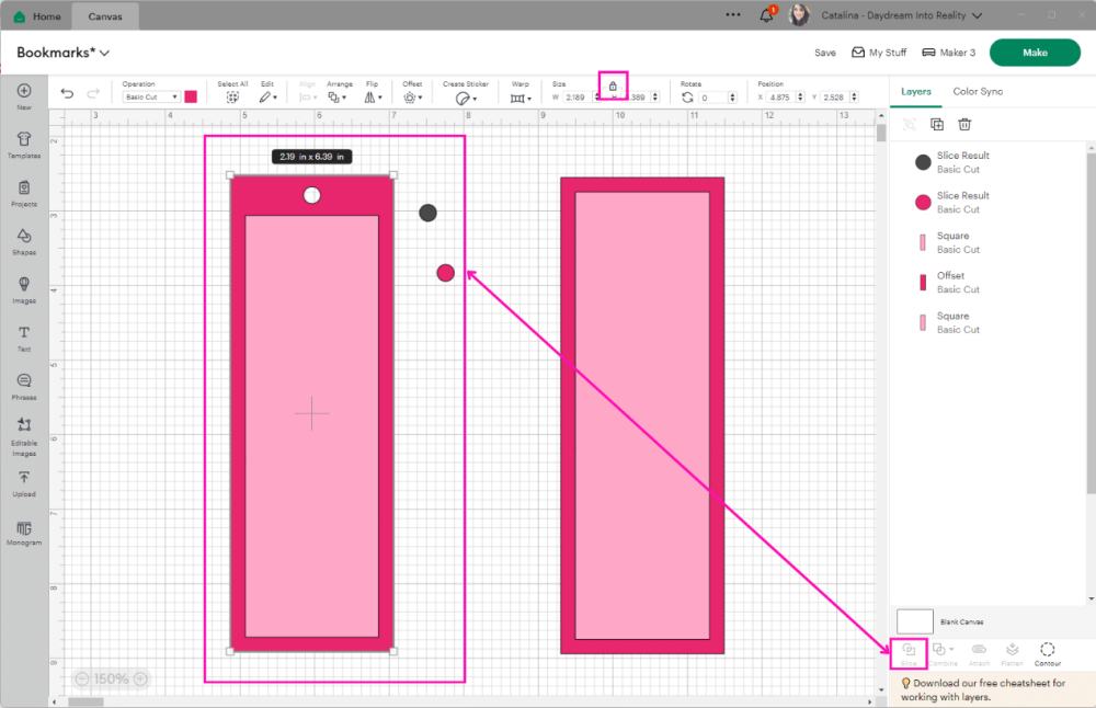 slicing hole on bookmark in Cricut Design Space 2