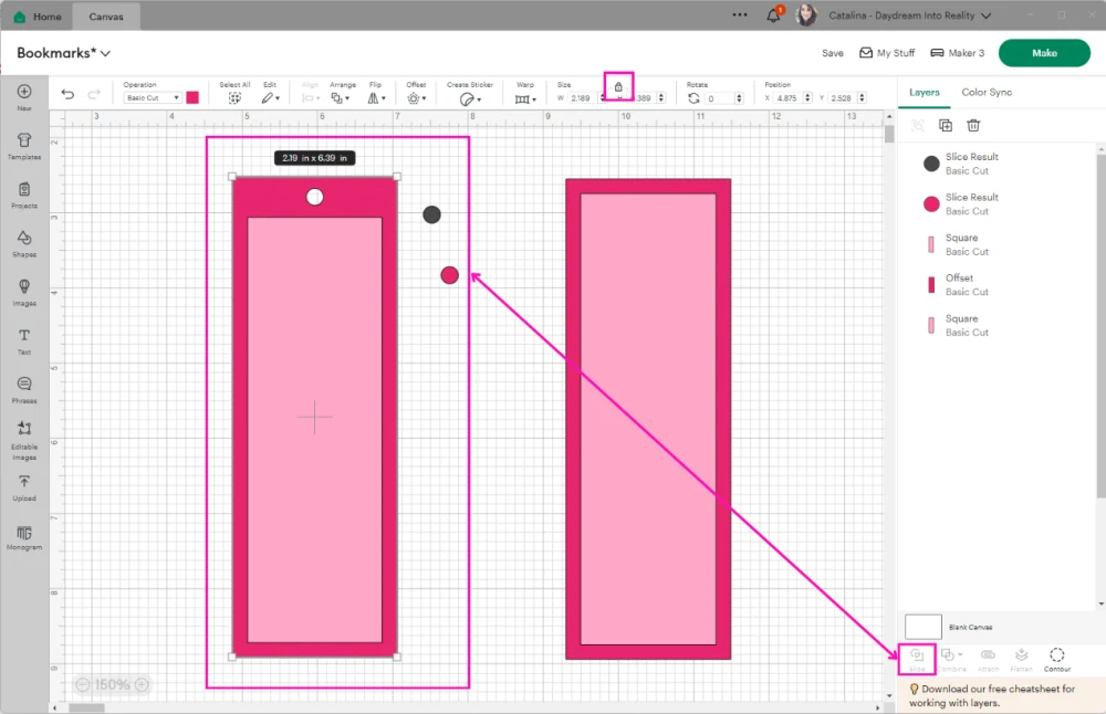 slicing hole on bookmark in Cricut Design Space 2