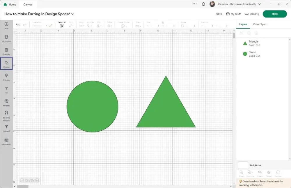 add circle and triangle to make a earring in Cricut Design Space