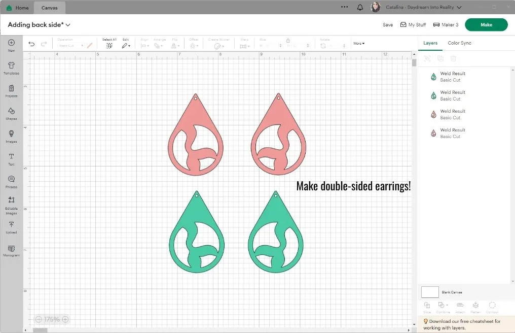 making double sided earrings in cricut design space.