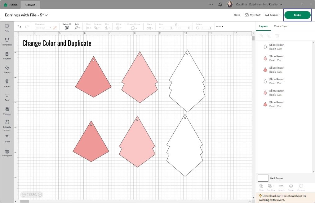 multiple layered earring in cricut design space.