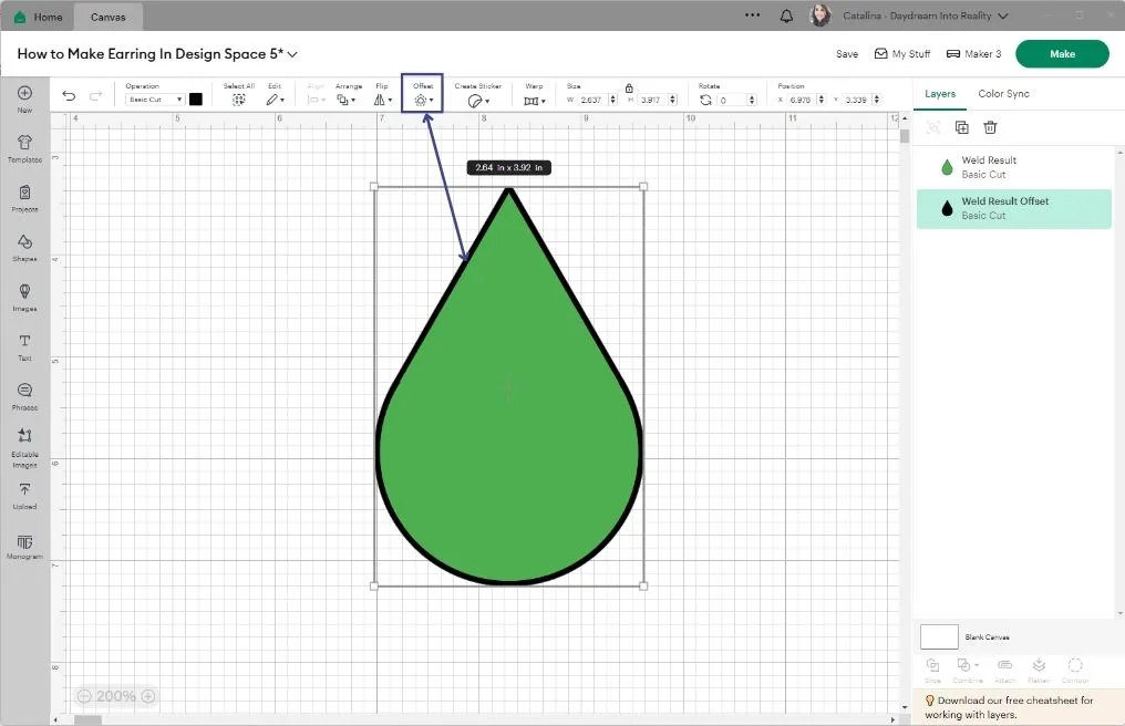 make an offset for earring in design space