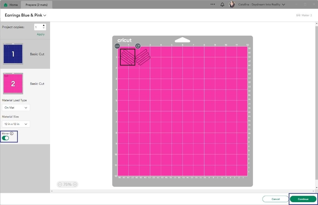 mat preview for earrings in Cricut Design Space.