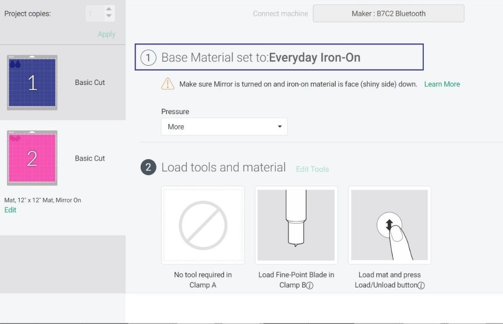 settings for cutting iron-on in cricut design space.